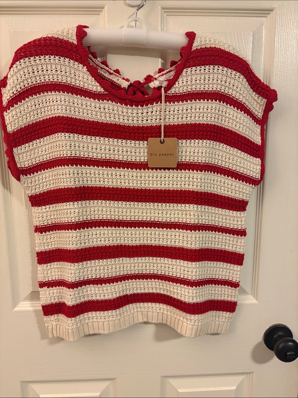 Blu Pepper Red & Cream Striped Crochet Crew Sweater